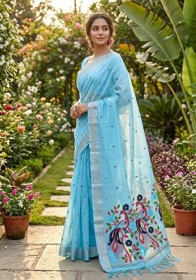 Sky Blue Zari Weaving Linen Saree Set