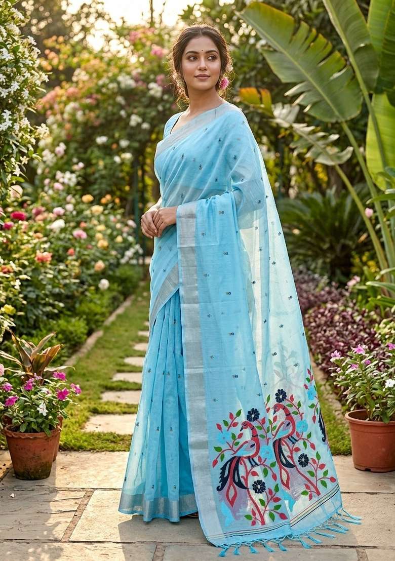 Sky Blue Zari Weaving Linen Saree Set for Diwali and Festive Wear - Indya