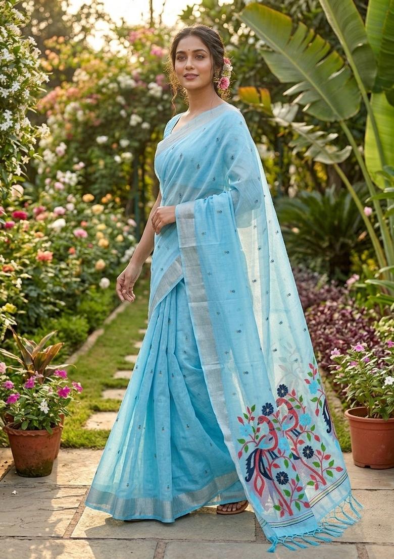Sky Blue Zari Weaving Linen Saree Set - Indya