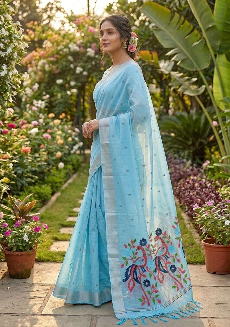 Sky Blue Zari Weaving Linen Saree Set for Diwali and Festive Wear - Indya