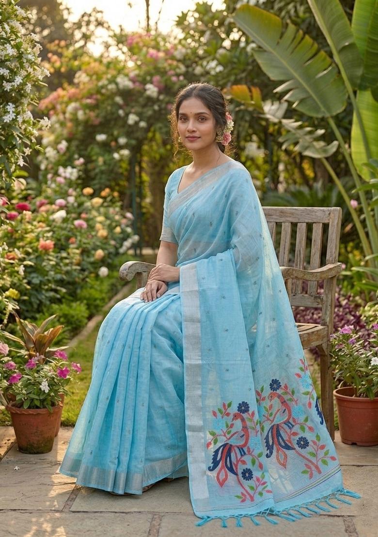 Sky Blue Zari Weaving Linen Saree Set - Indya