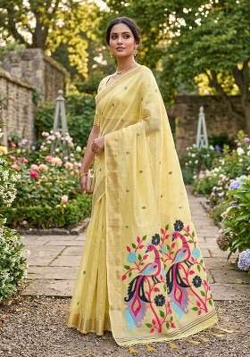 Yellow Zari Weaving Linen Saree Set