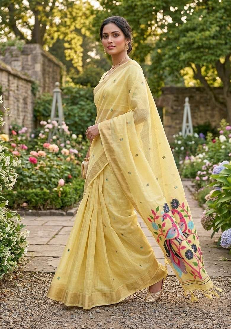 Yellow Zari Weaving Linen Saree Set for Diwali | Wedding & Festive Wear - Indya