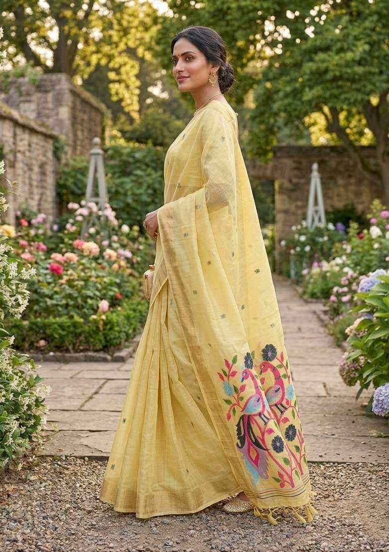 Yellow Zari Weaving Linen Saree Set for Diwali | Wedding & Festive Wear - Indya