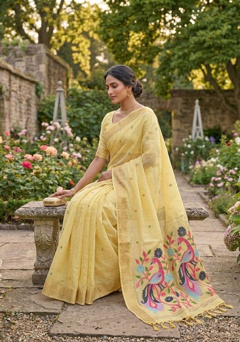 Yellow Zari Weaving Linen Saree Set for Diwali | Wedding & Festive Wear - Indya