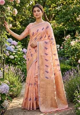 Peach Zari Weaving Linen Saree Set for Diwali | Wedding & Festive Wear