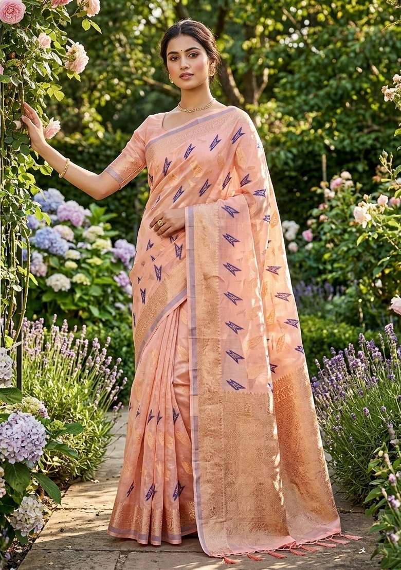 Peach Zari Weaving Linen Saree Set for Diwali | Wedding & Festive Wear - Indya