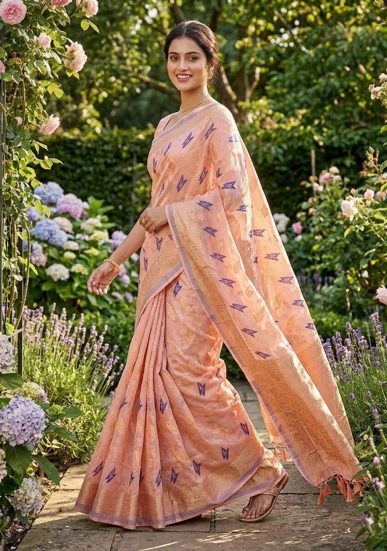 Peach Zari Weaving Linen Saree Set for Diwali | Wedding & Festive Wear - Indya