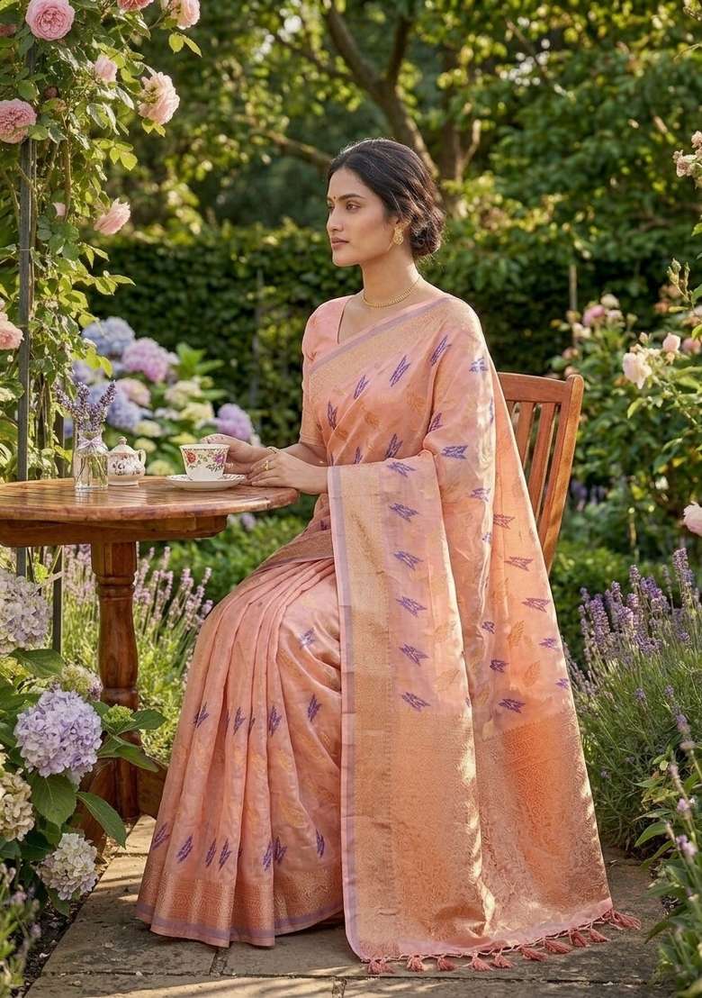 Peach Zari Weaving Linen Saree Set for Diwali | Wedding & Festive Wear - Indya