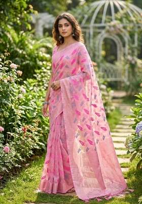 Pink Zari Weaving Linen Saree Set