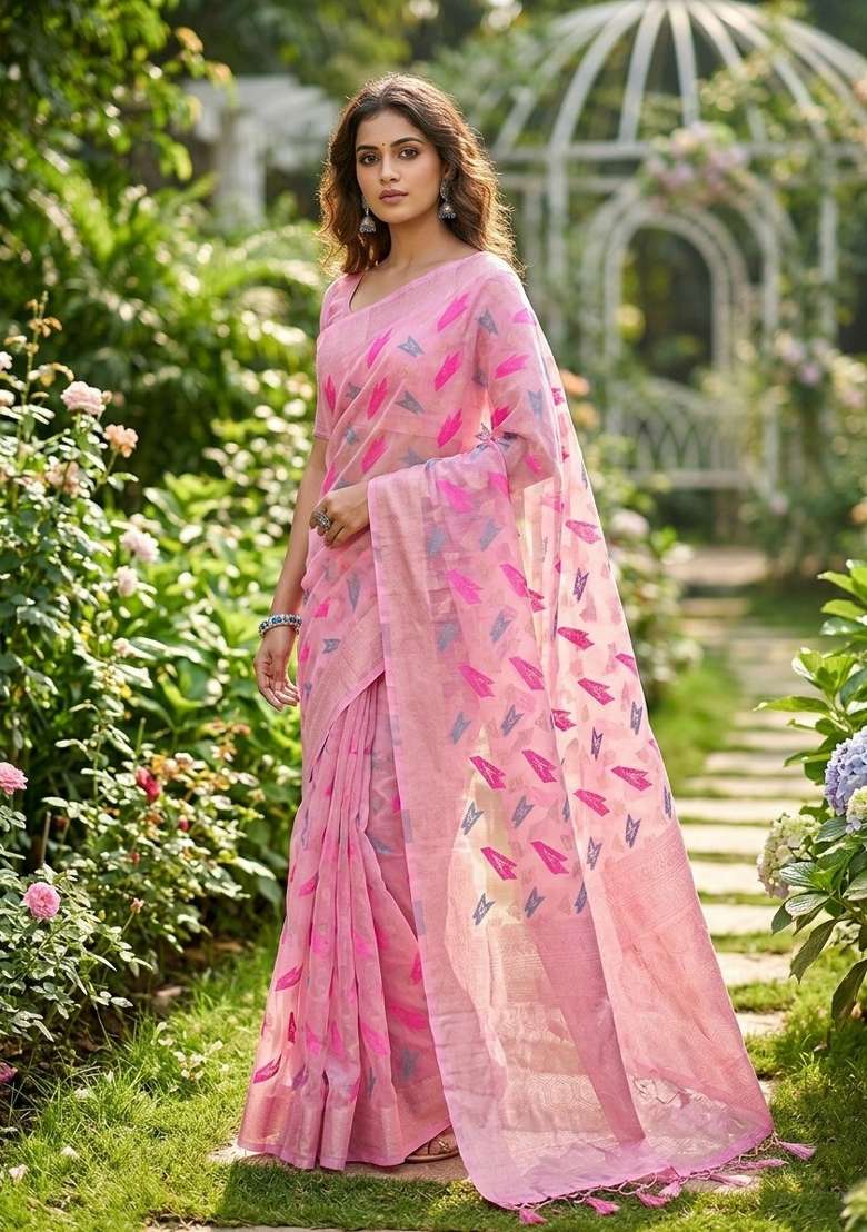 Pink Zari Weaving Linen Saree Set for Diwali and Festive Wear - Indya