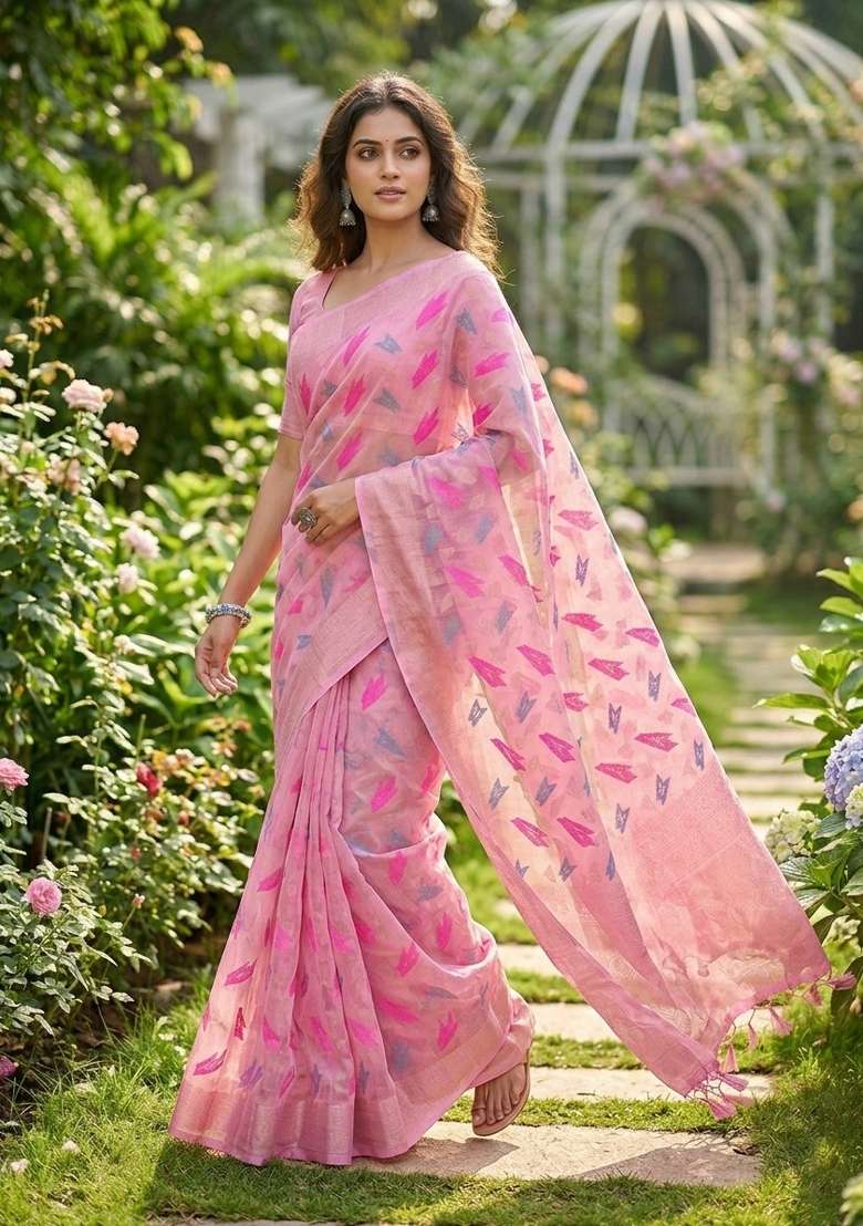 Pink Zari Weaving Linen Saree Set for Diwali and Festive Wear - Indya