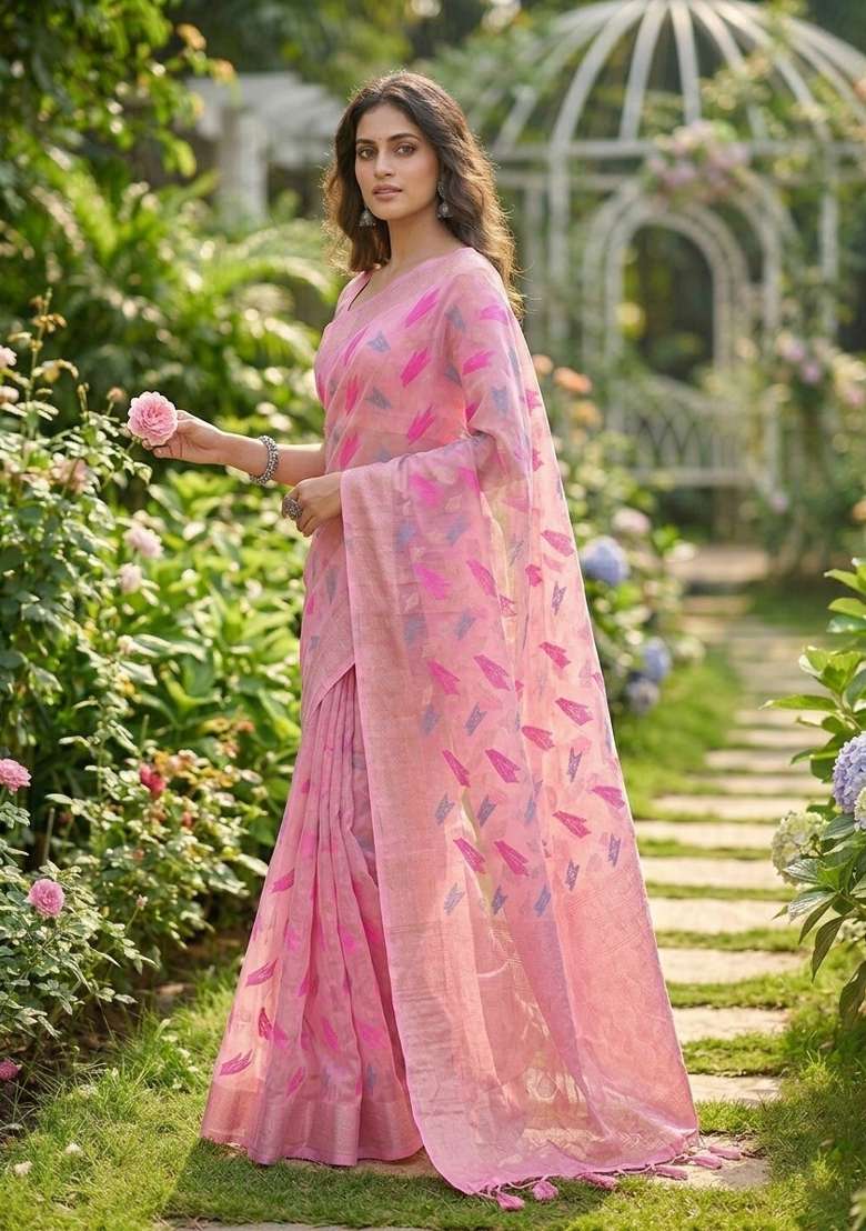 Pink Zari Weaving Linen Saree Set for Diwali and Festive Wear - Indya