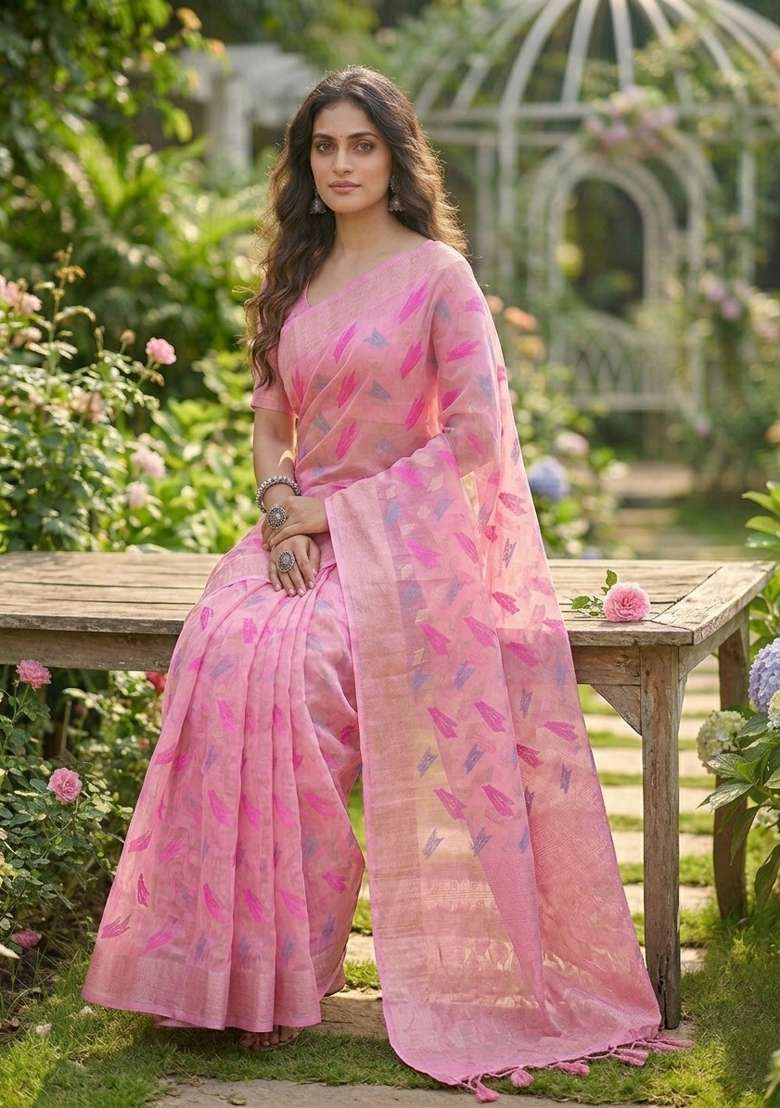 Pink Zari Weaving Linen Saree Set for Diwali and Festive Wear - Indya