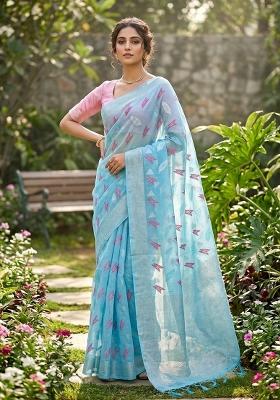 Sky Blue Zari Weaving Linen Saree Set