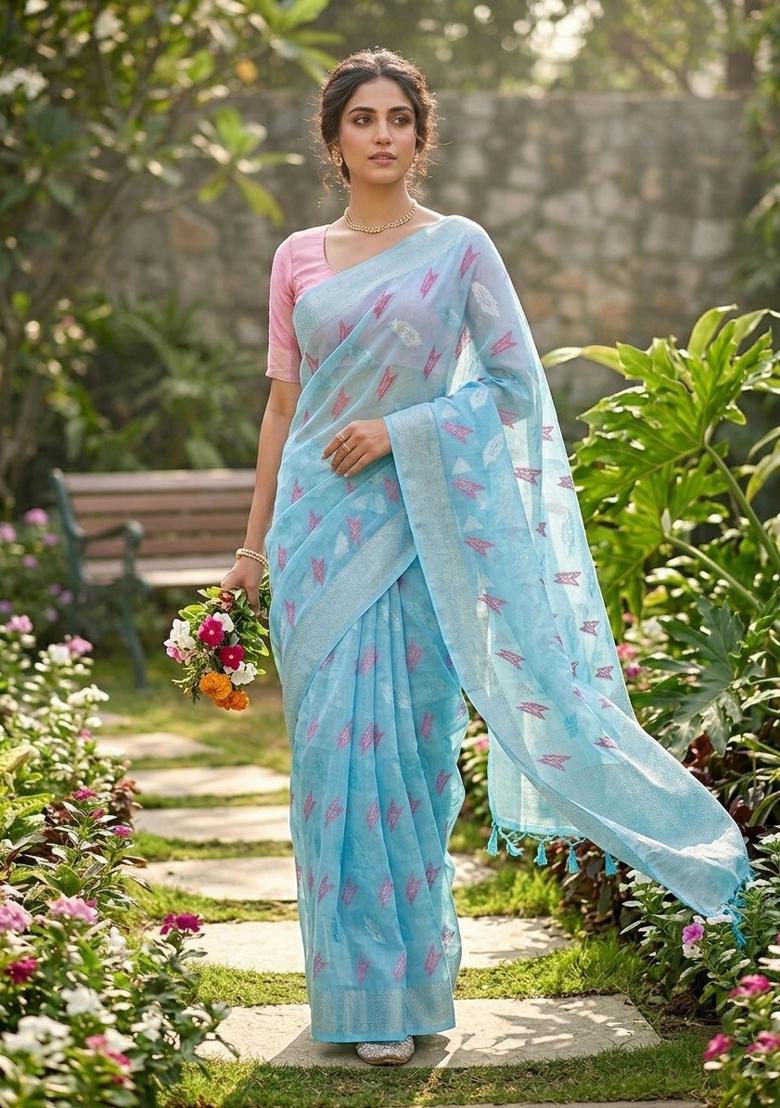 Sky Blue Zari Weaving Linen Saree Set - Indya