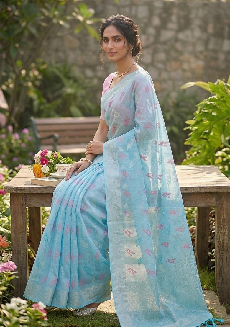 Sky Blue Zari Weaving Linen Saree Set - Indya