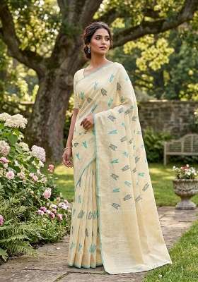 Yellow Zari Weaving Linen Saree Set