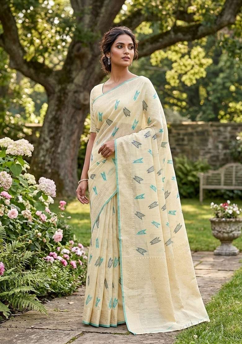 Yellow Zari Weaving Linen Saree Set for Diwali | Wedding & Festive Wear - Indya
