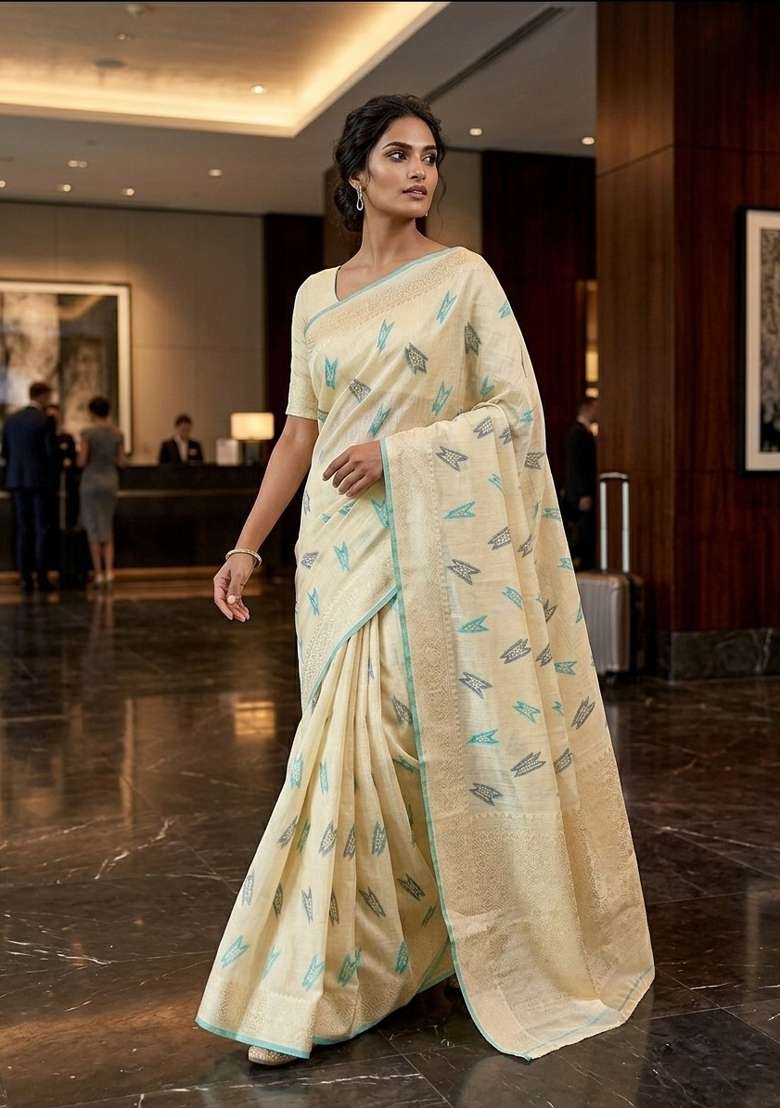 Yellow Zari Weaving Linen Saree Set for Diwali | Wedding & Festive Wear - Indya