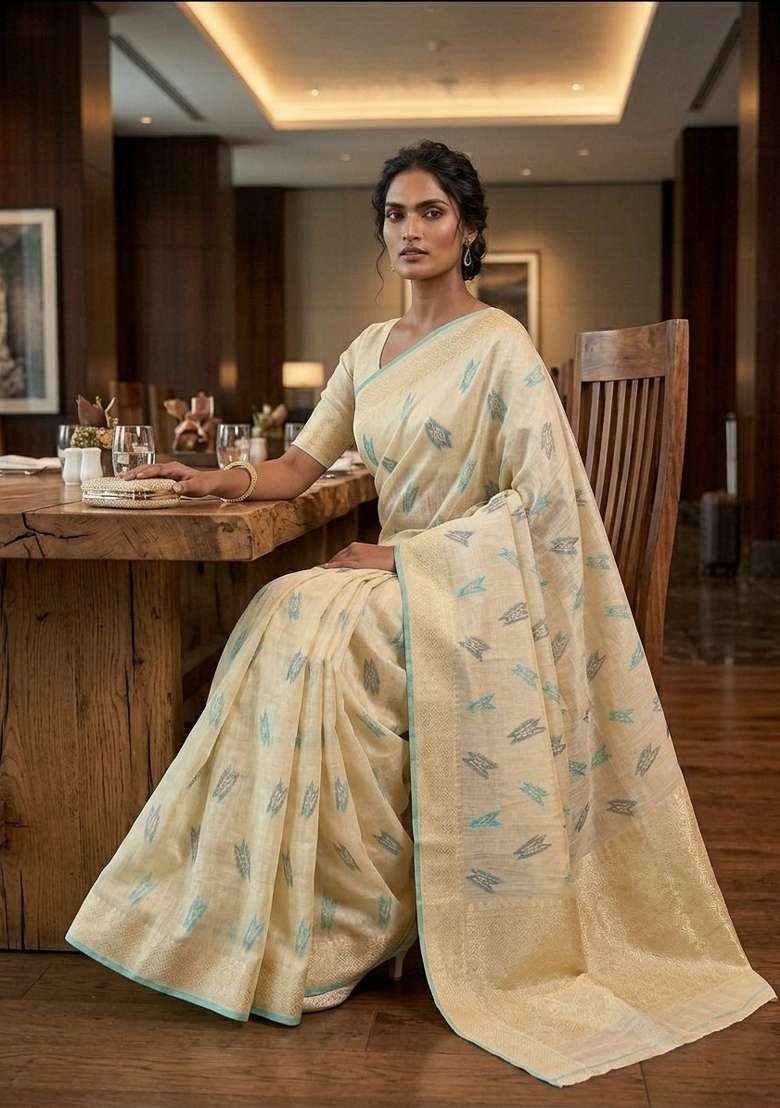 Yellow Zari Weaving Linen Saree Set for Diwali | Wedding & Festive Wear - Indya