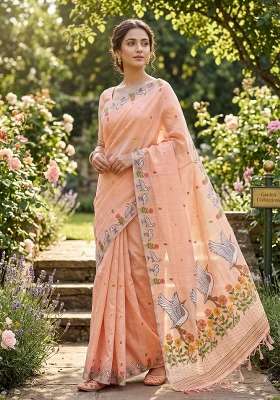 Peach Zari Weaving Linen Saree Set for Diwali and Festive Wear