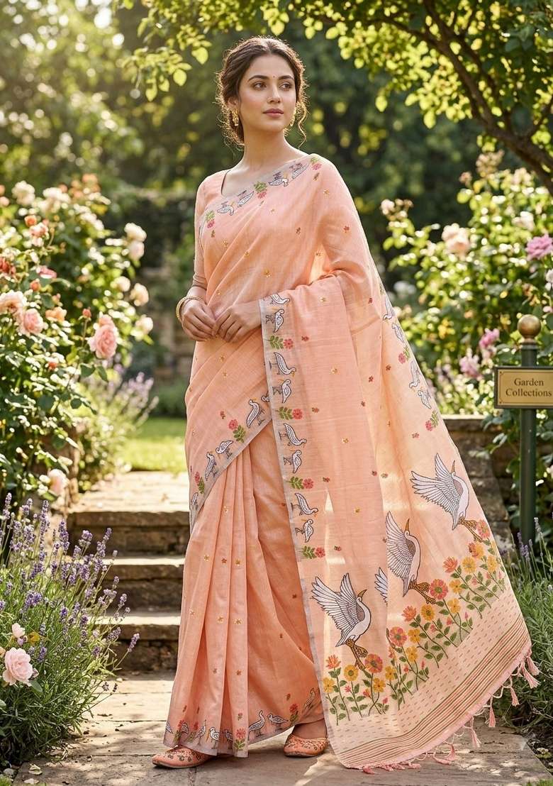 Peach Zari Weaving Linen Saree Set for Diwali and Festive Wear - Indya