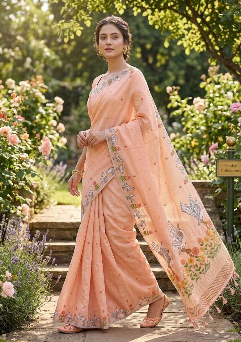 Peach Zari Weaving Linen Saree Set for Diwali and Festive Wear - Indya