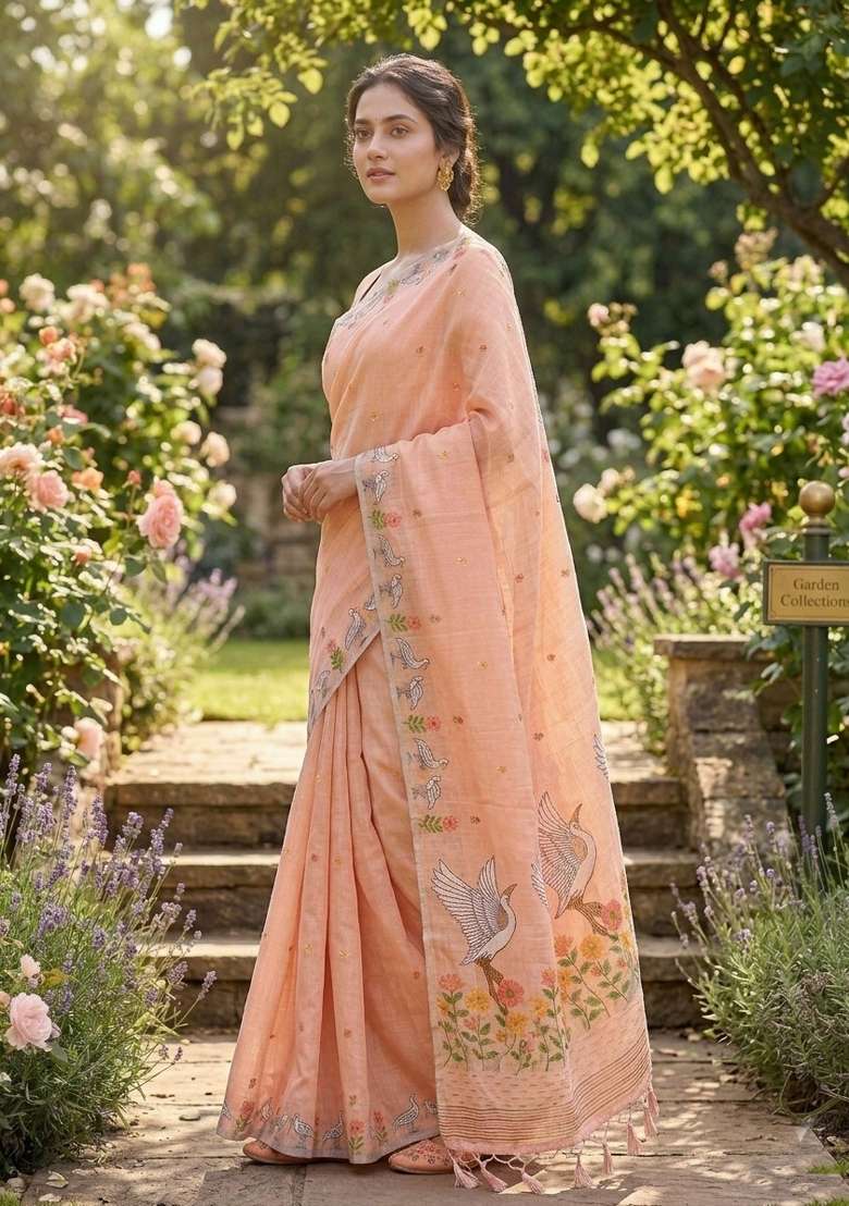 Peach Zari Weaving Linen Saree Set for Diwali and Festive Wear - Indya