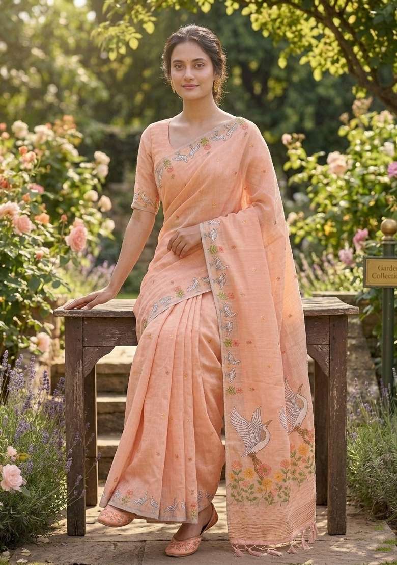 Peach Zari Weaving Linen Saree Set for Diwali and Festive Wear - Indya