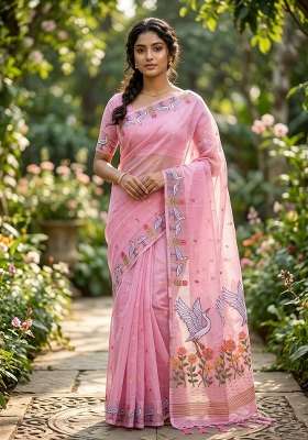 Pink Zari Weaving Linen Saree Set