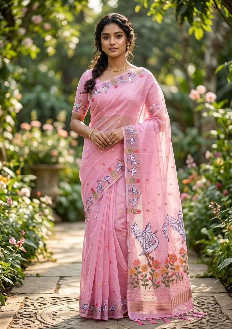 Pink Zari Weaving Linen Saree Set for Diwali | Wedding & Festive Wear - Indya