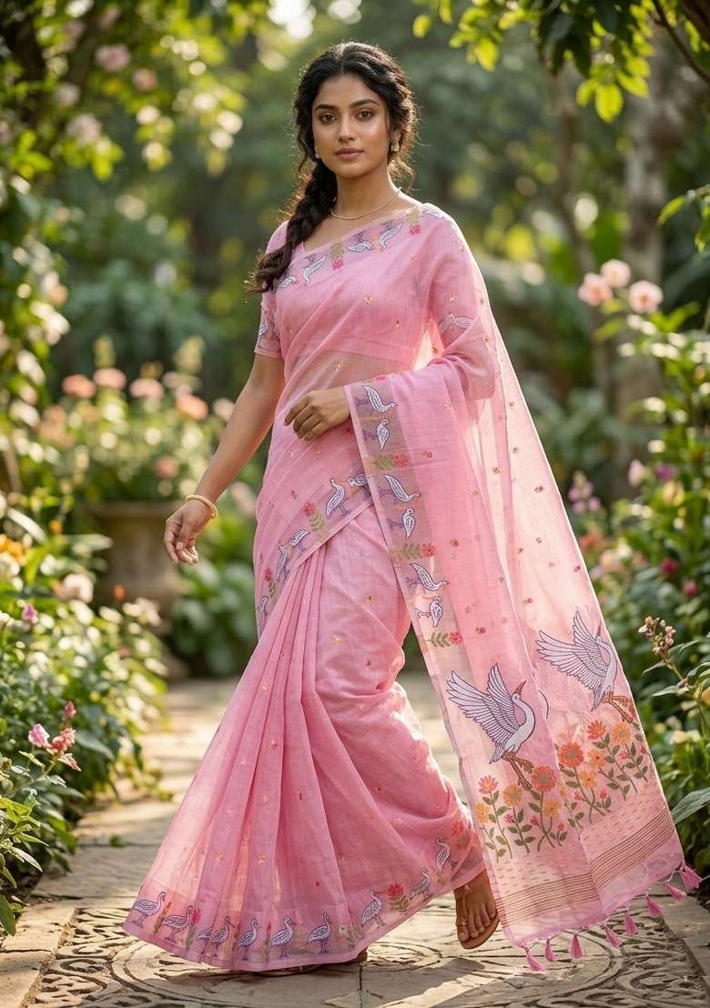 Pink Zari Weaving Linen Saree Set for Diwali | Wedding & Festive Wear - Indya