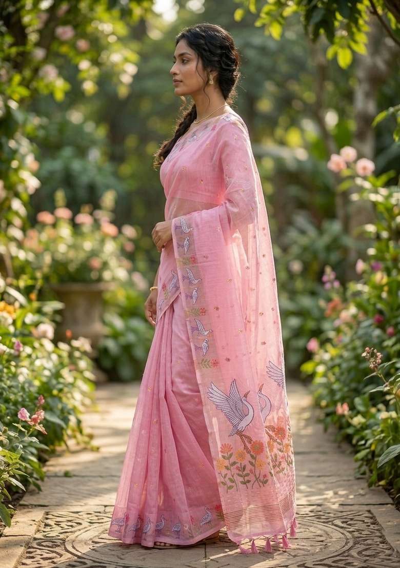 Pink Zari Weaving Linen Saree Set for Diwali | Wedding & Festive Wear - Indya