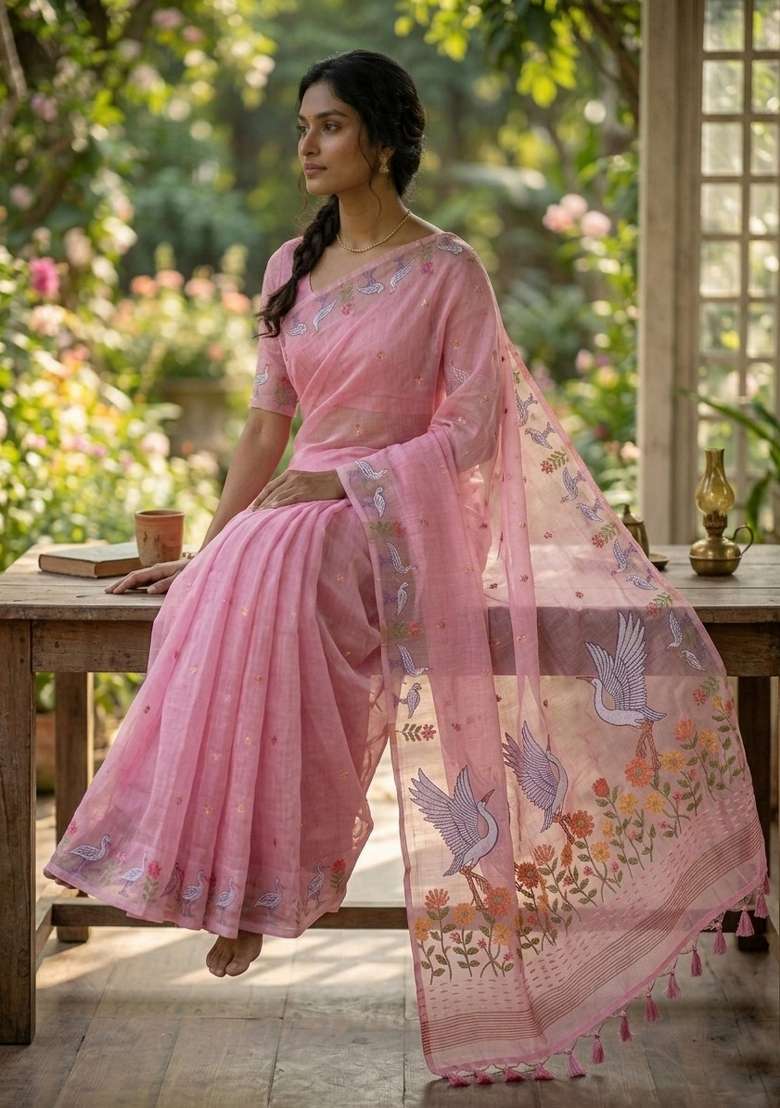 Pink Zari Weaving Linen Saree Set for Diwali | Wedding & Festive Wear - Indya