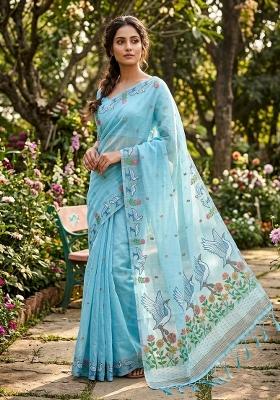 Sky Blue Zari Weaving Linen Saree Set