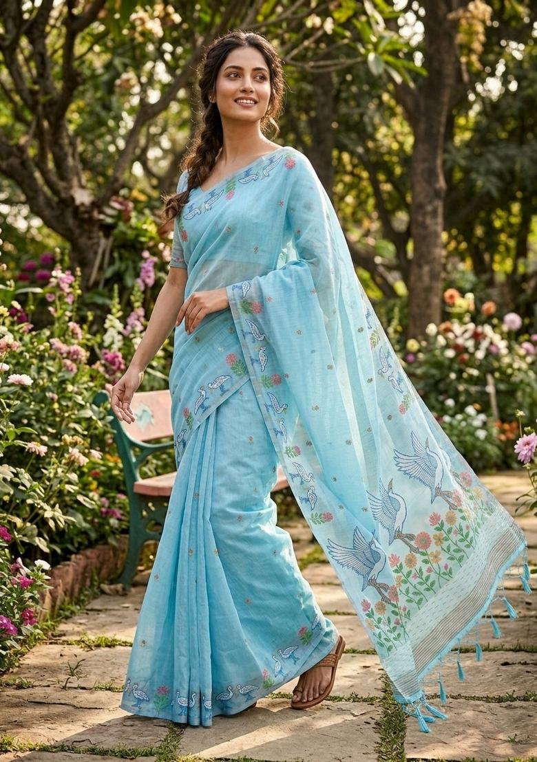 Sky Blue Zari Weaving Linen Saree Set - Indya