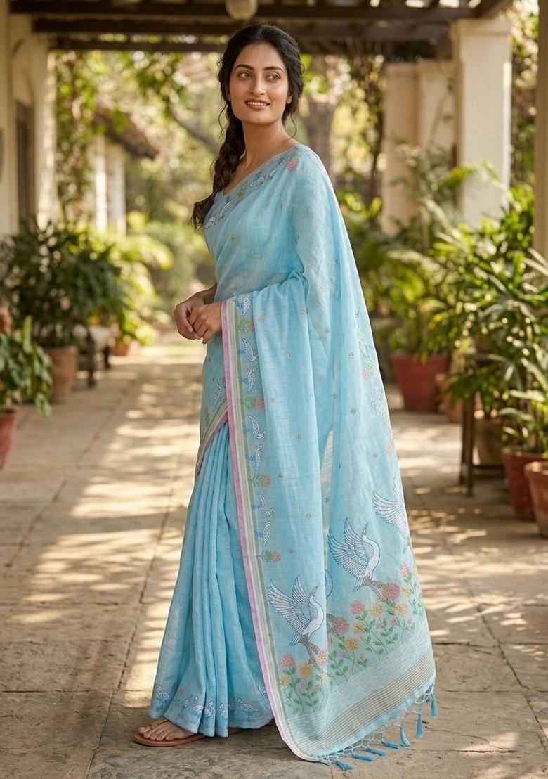 Sky Blue Zari Weaving Linen Saree Set - Indya
