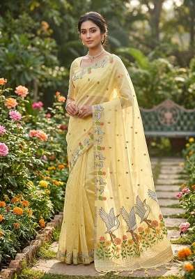 Yellow Zari Weaving Linen Saree Set