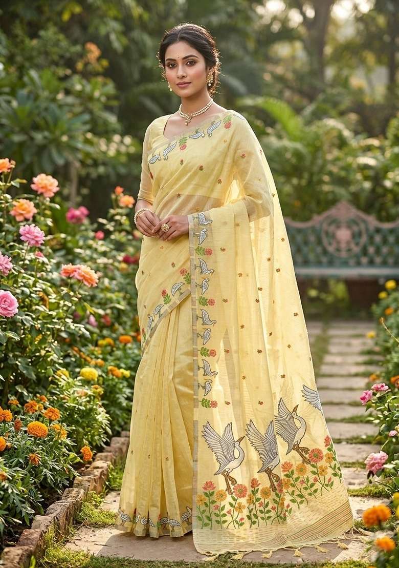 Yellow Zari Weaving Linen Saree Set for Diwali and Festive Wear - Indya