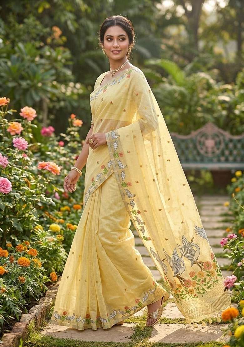 Yellow Zari Weaving Linen Saree Set for Diwali and Festive Wear - Indya