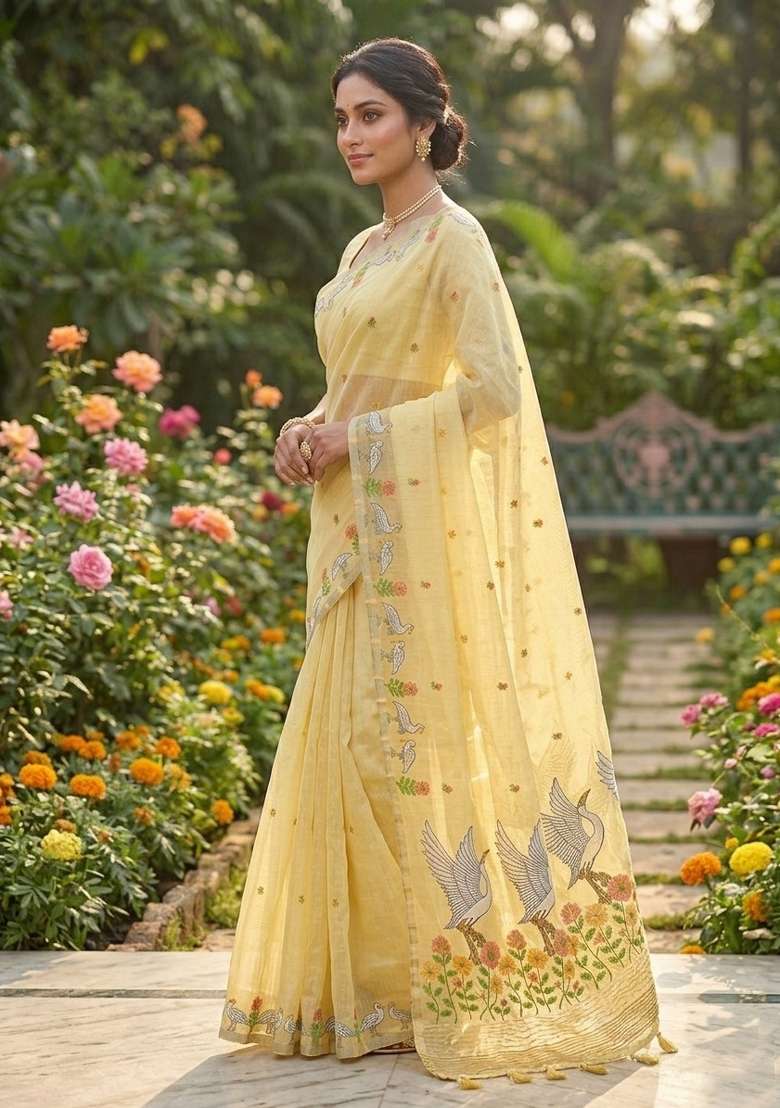 Yellow Zari Weaving Linen Saree Set for Diwali and Festive Wear - Indya