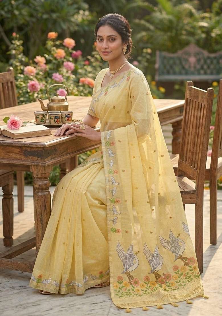 Yellow Zari Weaving Linen Saree Set for Diwali and Festive Wear - Indya