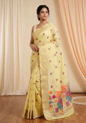 Yellow Zari Weaving Linen Saree Set