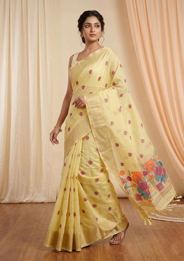Yellow Zari Weaving Linen Saree Set for Diwali | Wedding & Festive Wear - Indya