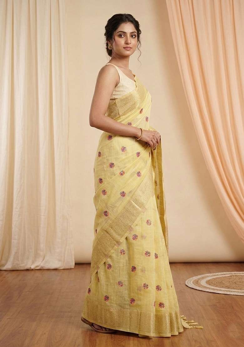 Yellow Zari Weaving Linen Saree Set for Diwali | Wedding & Festive Wear - Indya
