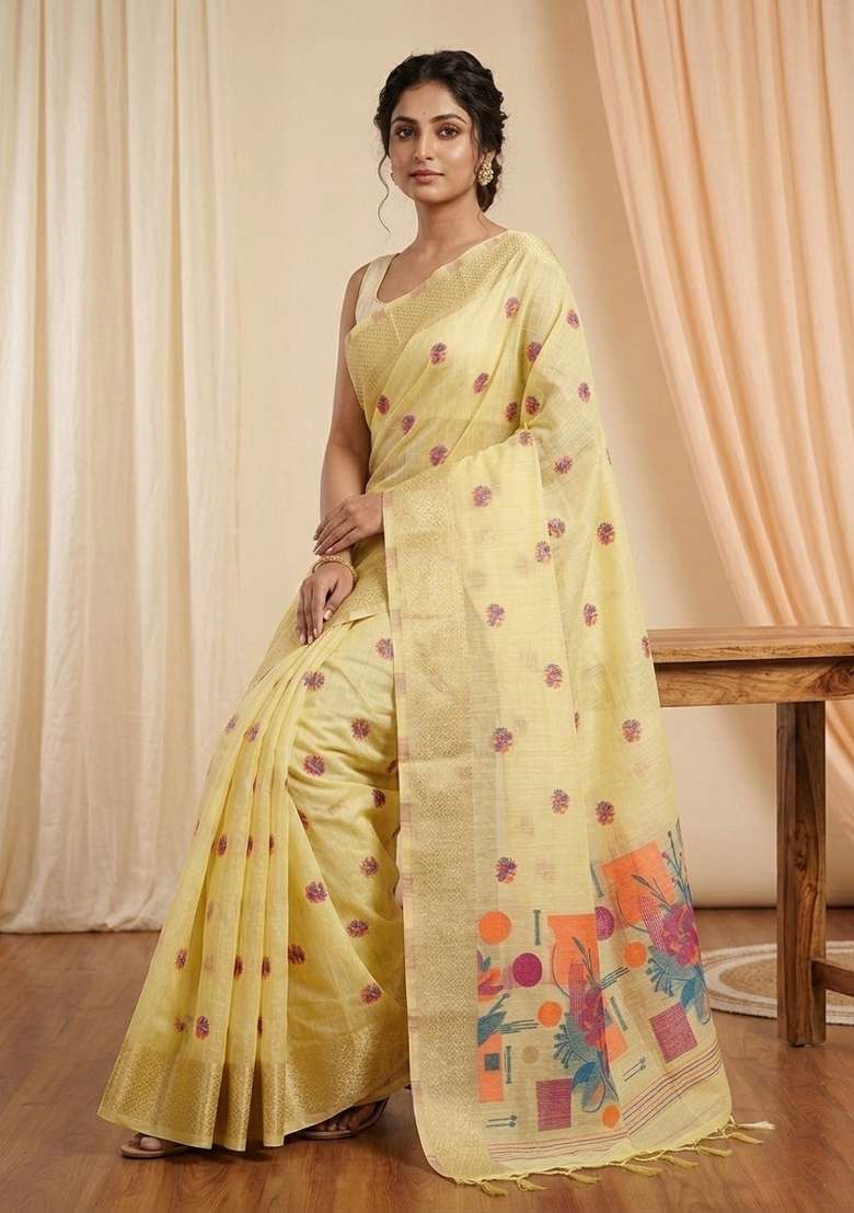 Yellow Zari Weaving Linen Saree Set for Diwali | Wedding & Festive Wear - Indya