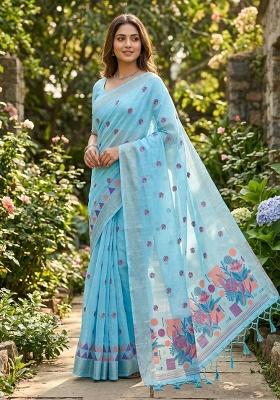Sky Blue Zari Weaving Linen Saree Set