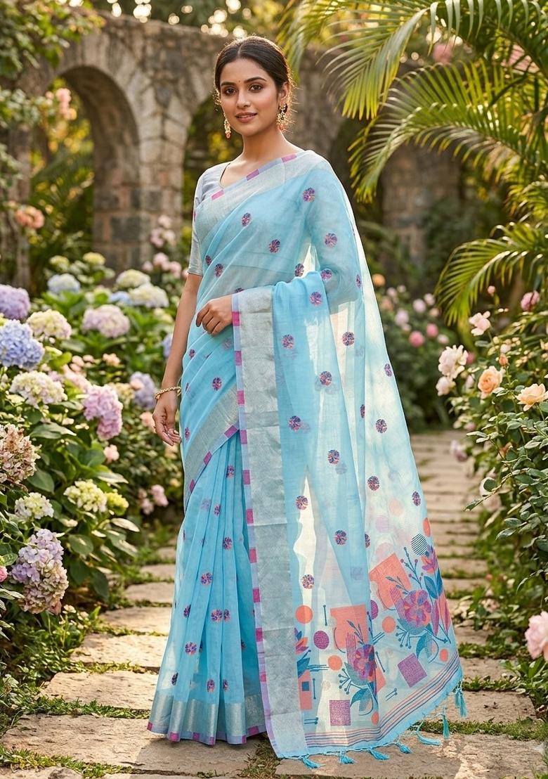 Sky Blue Zari Weaving Linen Saree Set - Indya