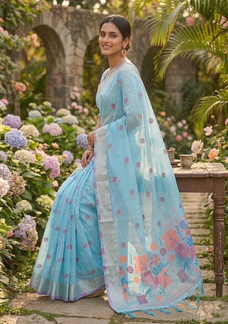 Sky Blue Zari Weaving Linen Saree Set - Indya